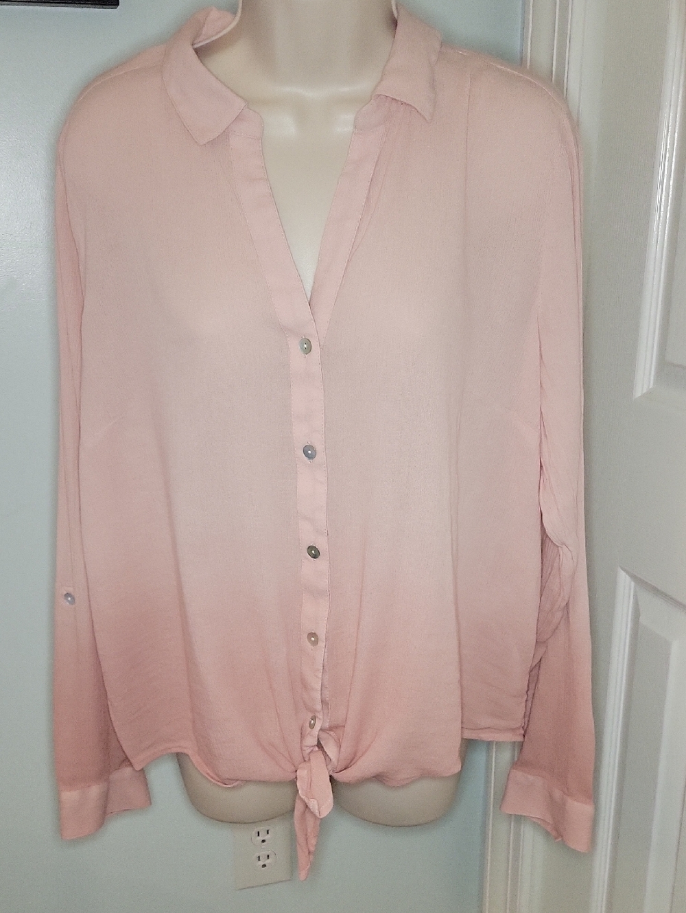 J. Jill Blush Pink Ombre Button Down Tie-Hem Gauze Shirt Size Large